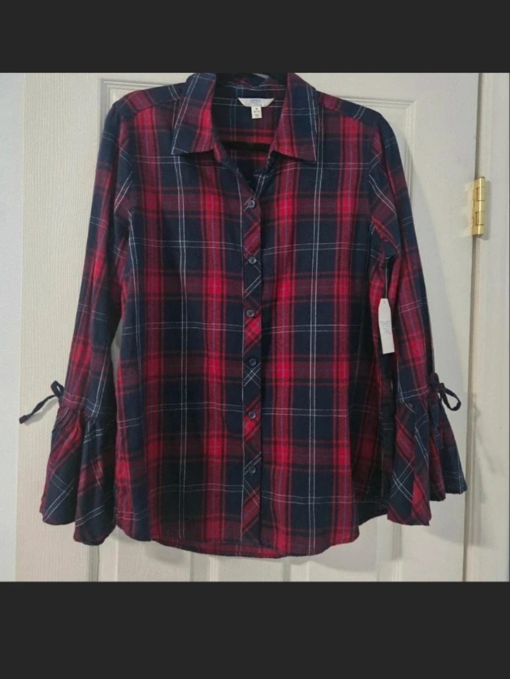 Time and Tru Red and Navy Plaid Button-Down Shirt